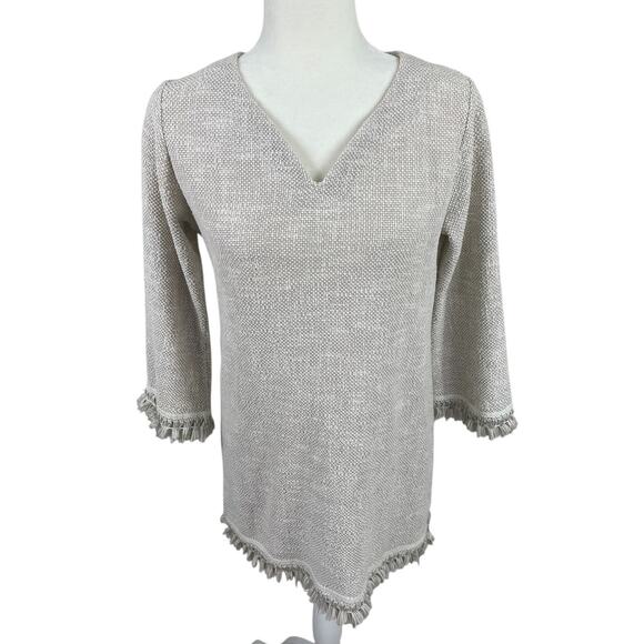 Vintage Sara Campbell Textured Boucle Tunic Top XS Tassel Fringe USA Old Money - Picture 2 of 13